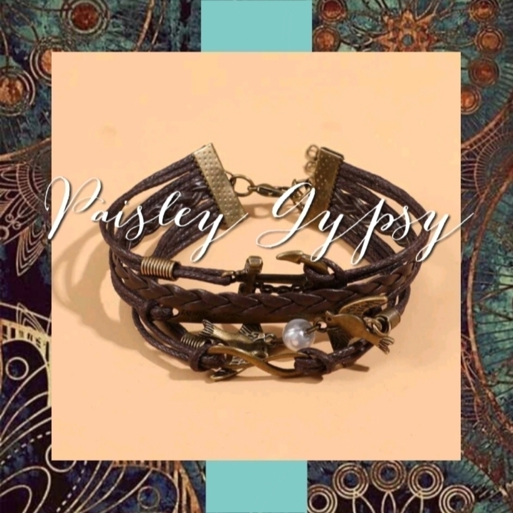Sparrows Pearl and PU Leather Strappy Layered Bracelet